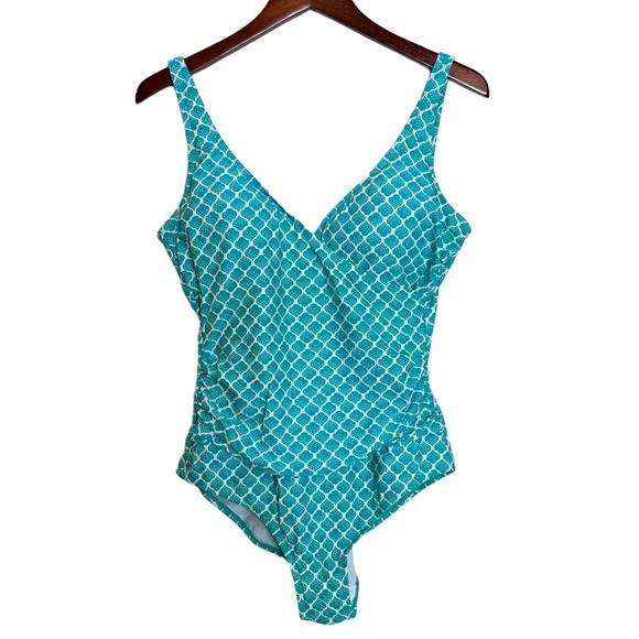 Boden Swim Boden Teal Green White Patterned One Piece Wrap Front